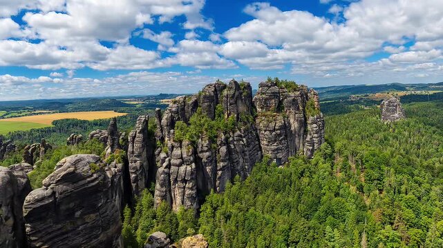 ​Scenic view of the Schrammsteine rock formations and Falkenstein in Saxon Switzerland National Park under a blue cloudy sky