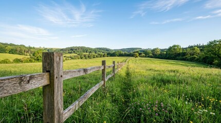 Obraz premium Scenic Rural Landscape with Wooden Fence and Green Meadows for Website Banner and Hero Header Wide Background of Rolling Hills and Countryside for Organic Farming and Sustainability