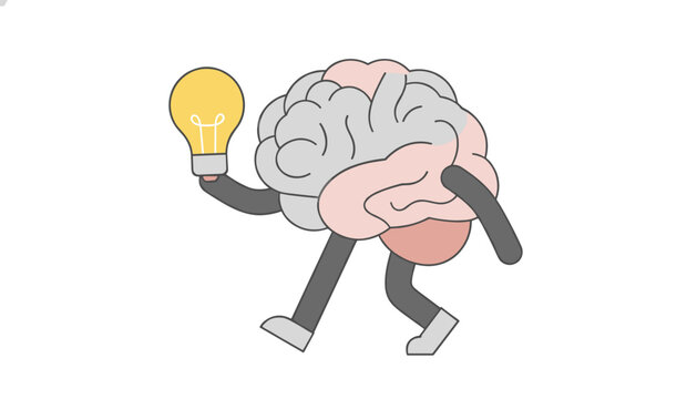 Funny animated brain walking with black legs and arms while clutching a bright yellow lightbulb representing active thinking.