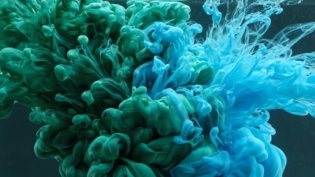 Macro cinematic shot of emerald and cyan inks merging and diffusing in water to create a mesmerizing seamless looping abstract texture
