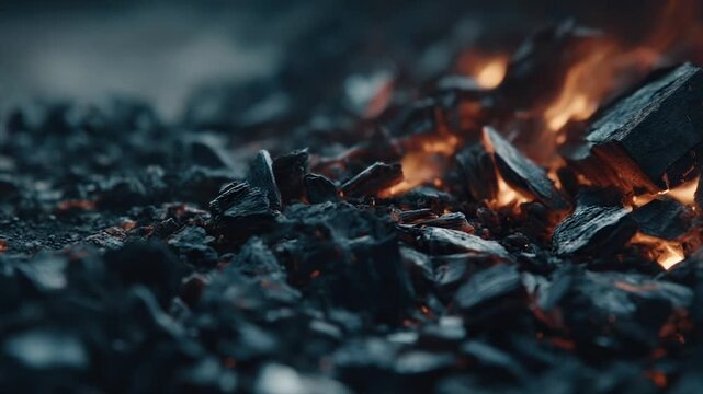 Close-up of glowing embers and charred wood fragments against a blurred, dark background