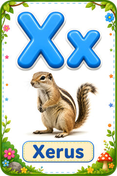 Alphabet flashcard featuring the letter x and a realistic xerus ground squirrel on a white background, for kids