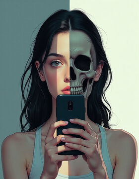 Young woman holds smartphone to hide half face. Split composition shows human beauty, skull skeleton. Conceptual artwork illustrates internet impact on youth mental health. Digital technology creates