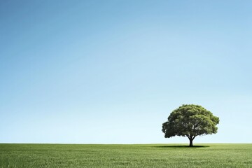 Fototapeta premium A solitary green tree stands tall in a vast, sunlit meadow under a clear blue sky