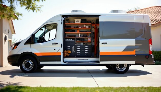White, grey service van parked at house driveway open with organized tools, equipment inside. Mobile auto repair, maintenance, support vehicle ready for customer job. Pro technician vehicle with