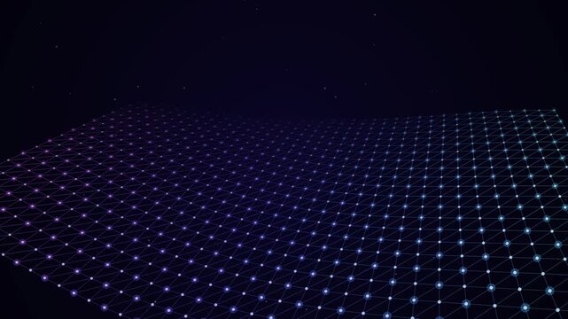 Abstract flowing wave of glowing blue and purple data particles, grid formation, digital network connection, science fiction motion background