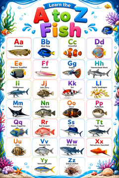 Educational a to z fish alphabet poster featuring marine life with names for children learning and classroom