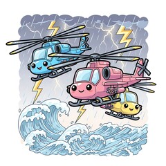 Naklejka premium Cute Kawaii Helicopters Flying Through a Stormy Sky Over Waves.