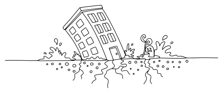 Earthquake natural disaster showing building collapse and ground cracks in continuous line art style
