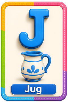 Educational flashcard featuring the uppercase and lowercase letter j with a blue ceramic jug on a light background