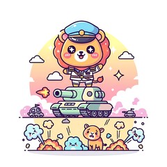 Fototapeta premium Cute Lion General on Tank Cartoon Illustration.