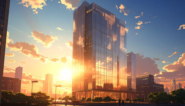 Modern skyscraper architecture sunset