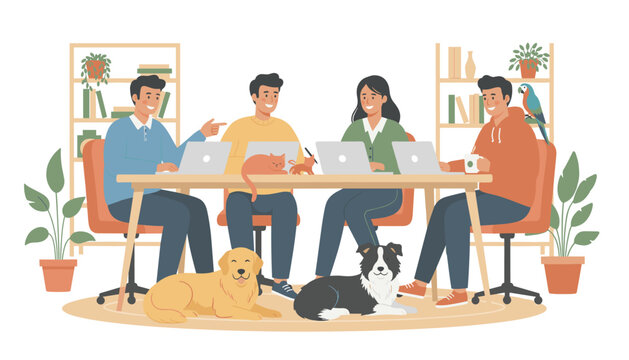 Professional team working together on computers in a bright office environment surrounded by diverse office pets and plants.