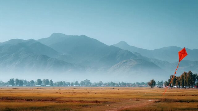 A vibrant orange diamond kite flies in the sky above golden fields and misty mountains