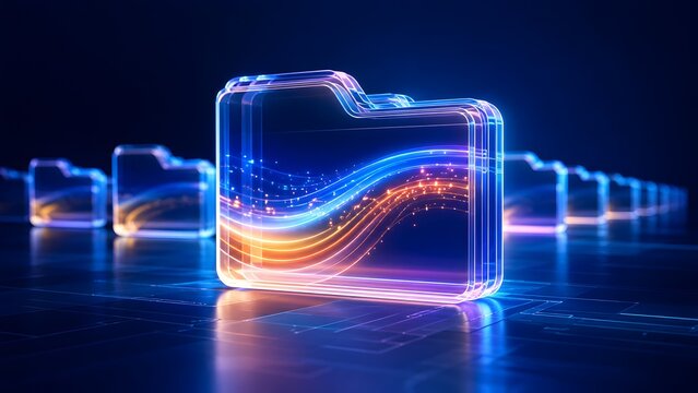 Abstract glowing folder icon illustrating fast data flow and secure file management across modern digital technology and cloud networks.