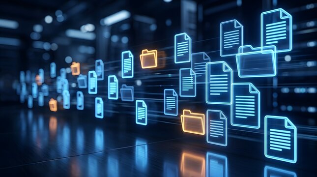 Abstract digital data flow with glowing files and folders, illustrating secure information management, cloud storage, and modern business technology.
