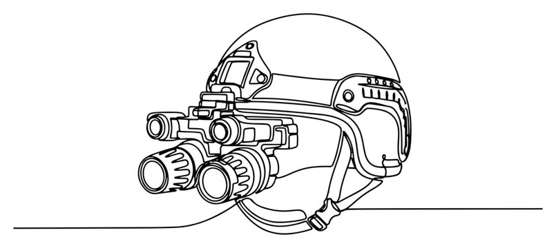Military tactical helmet with night vision goggles in continuous line art style