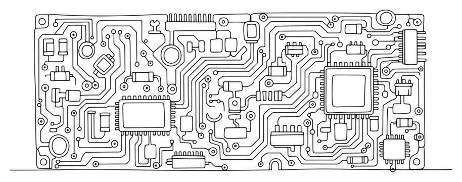 Electronic circuit board layout with microchips and components in continuous line art style