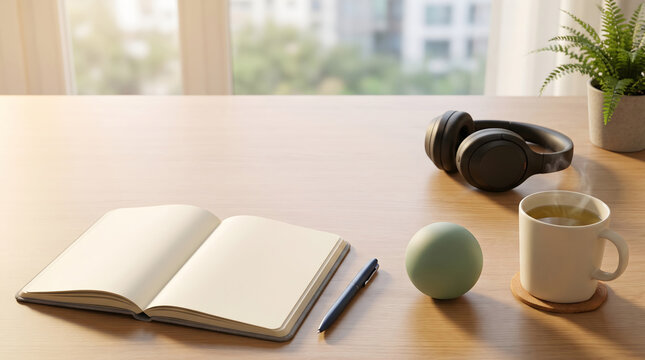 Open blank notebook on wooden desk with headphones and tea