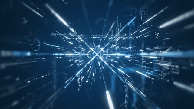 Abstract blue technology tunnel with glowing lines converging towards the center