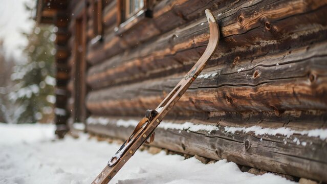 Close-up of vintage ski leaning on rustic wooden cabin in snowy landscape with trees