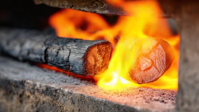 Close-up of burning charcoal logs in a hearth, with glowing red embers