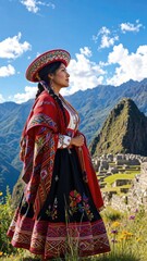 Fototapeta premium Woman in traditional Peru clothing standing in Machu Picchu. Girl wearing authentic Andean dress for Peru Independence Day. Cultural heritage and mountain landscape in South America.