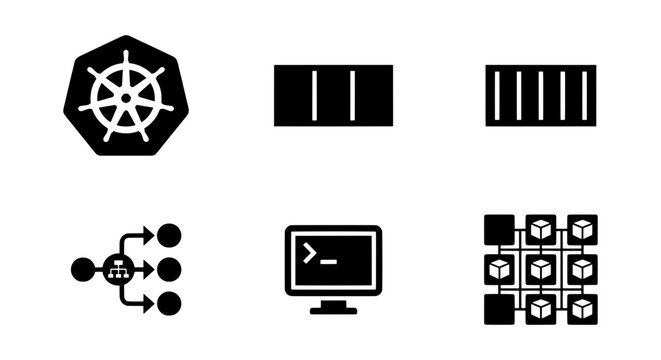 Kubernetes Logo, Server Racks, Network Diagram, Command Line Interface, Data Blocks Vector Icons