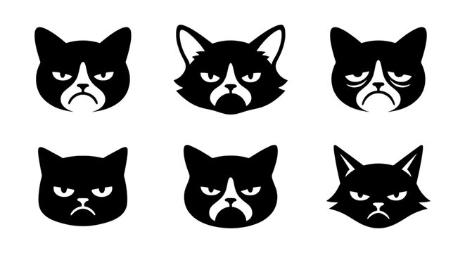Grumpy Cat Faces Vector Icons, Black and White Feline Expressions Set, Unhappy Pet Emoticons Collection