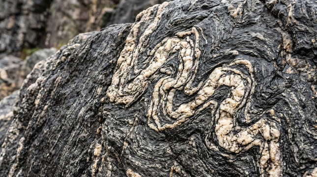 Migmatite rock formation showcasing ptygmatic folding patterns with intricate lines and textures visible on the surface, illustrating geological processes.