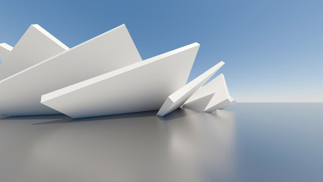 Abstract 3D render of sharp white geometric angular planes forming a futuristic deconstructivist monument structure on a reflective floor against a blue sky