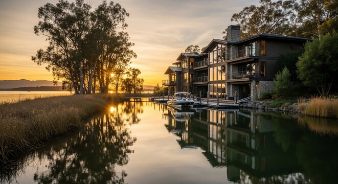 Modern waterfront residence sunset
