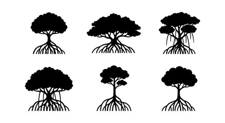 Mangrove Tree Silhouettes: Diverse Root Systems, Tropical Flora Icons, Nature Elements © ROKON