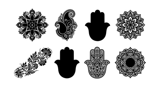 Intricate Black Ornamental Elements, Paisley, Hamsa Hands, Mandalas, Vector Icons