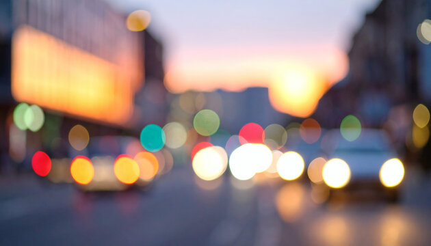 Blurred city street traffic lights at sunset creating beautiful colorful bokeh circles on a dark urban road background setting