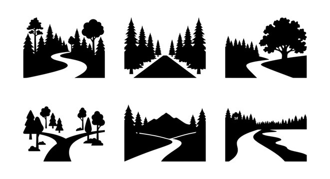 Vector Landscape Silhouettes: Forest Paths, Roads, Rivers, Mountains, Trees
