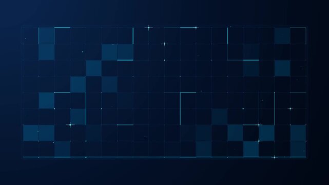 digital grid interface with blinking squares and data transmission lines, blue technology background for cyber security and network monitoring, system connectivity