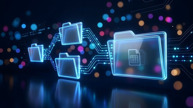 Futuristic glowing folders illustrating seamless digital data transfer, secure cloud storage, and intelligent file management within a connected network.