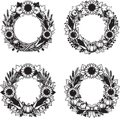 Obraz premium Hand-drawn black and white floral wreath vector illustration. Elegant circular botanical frame for wedding invitations and branding., Generative Ai