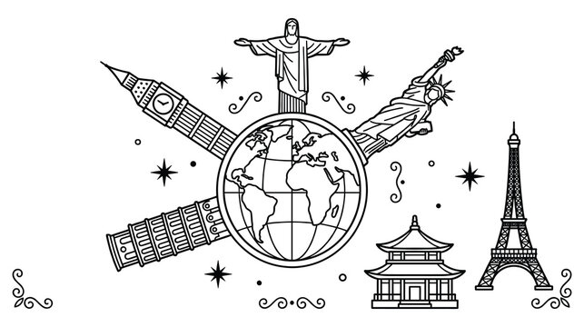 World map globe surrounded by famous architectural landmarks of the earth in outline style.