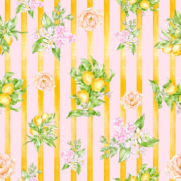 Seamless pattern with flowers and leaves. Watercolor yellow pink pastel green flower seamless pattern. pattern for wallpaper or fabric. summer seamless pattern lemon fresh with pink background
