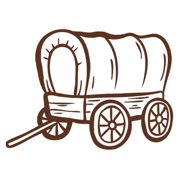 Covered wagon doodle icon isolated in western hand drawn outline style