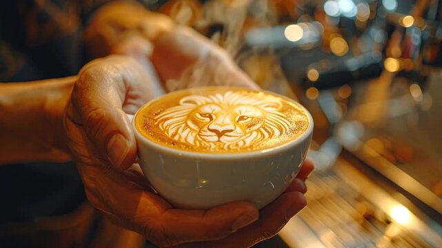 Hand holding ceramic cup with lion latte art.