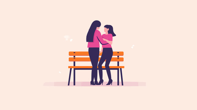Two women hugging on park bench vector illustration