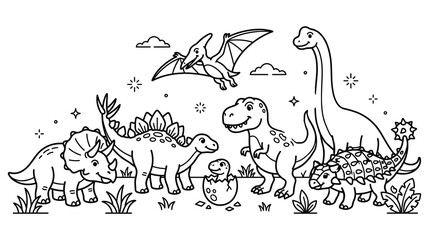 Cute cartoon dinosaurs set illustration black and white outline style for coloring page. © MST. RATNA AKTER