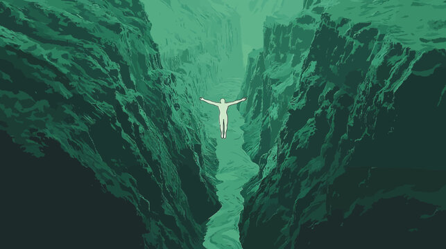 Man floating in abstract green canyon surreal concept