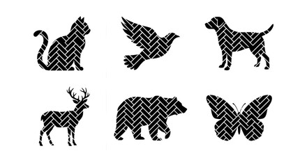 Fototapeta premium Animal Silhouettes Vector Set: Cat, Dog, Bird, Deer, Bear, Butterfly Icons