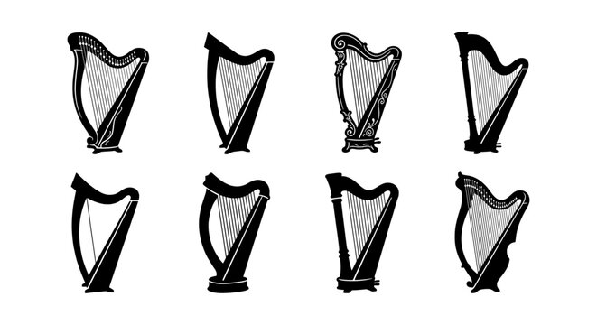 Diverse Harp Collection, Musical Instruments, Elegant String Designs, Vector Icons