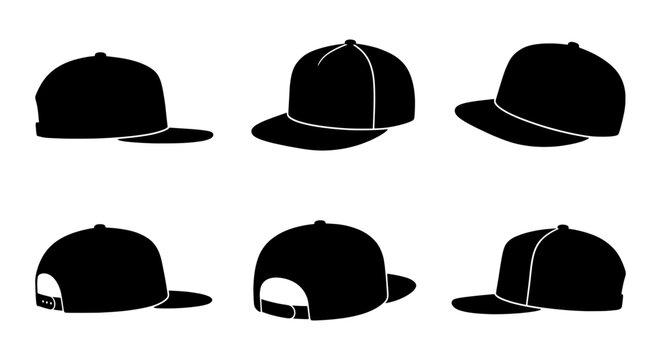 Black Snapback Caps, Hip Hop Hats, Flat Brim Baseball Caps, Vector Icons