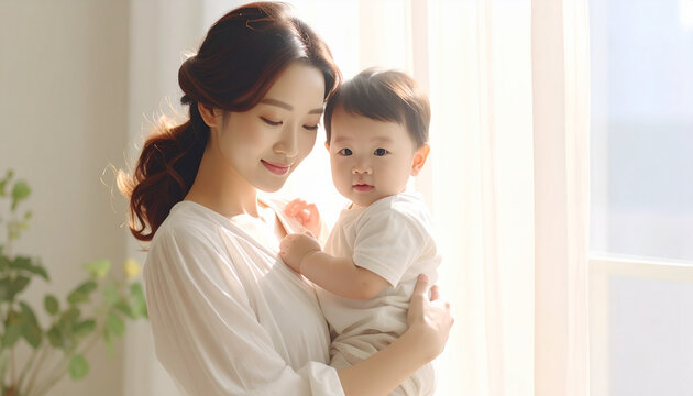 Mother holding baby in sunlight